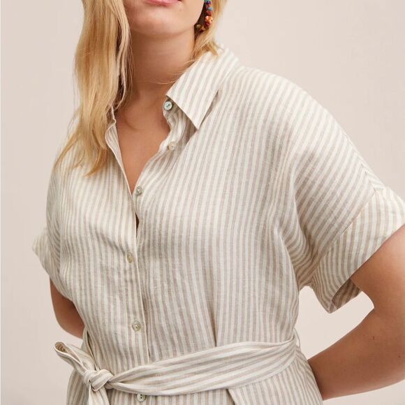 Mango 100% Linen Striped Belted Shirt Dress New - Picture 9 of 11